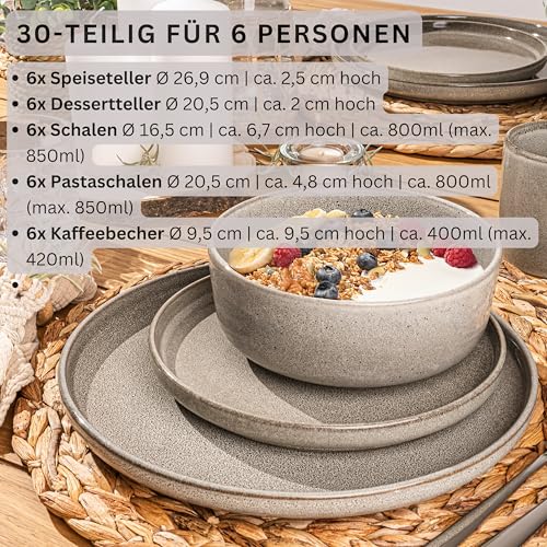 SÄNGER Kairo Clay | Kombiservice 6 Personen, Teller Set Kaffeebecher Pastaschale 30 tlg, Steingut Geschirr Set spülmaschinen- mikrowellen- kratzfest, Geschirrset aus Steingut | VALUE COLLECTION
