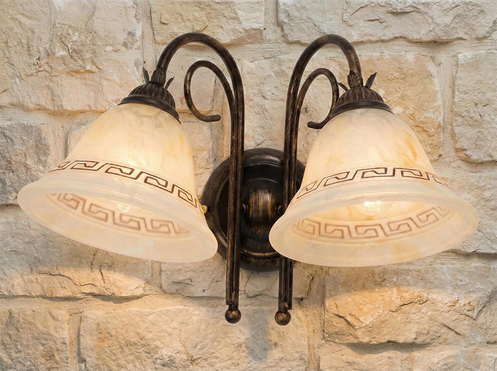 Generico Applique in ferro battuto a 2 Luci Stile Classico Rustico con vetri ambra Greca-AP2