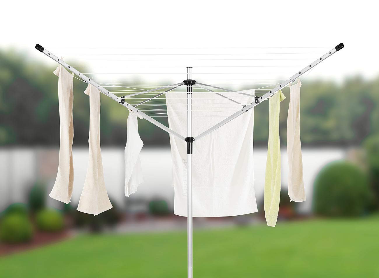 Royal Gardineer Waeschespinne drehbar: 4-Arm-Wäschespinne aus Aluminium, 60 Meter Wäscheleine, mit Bodenanker (Wäscheständer ausziehbar, Wäscheständer XL, Socken)