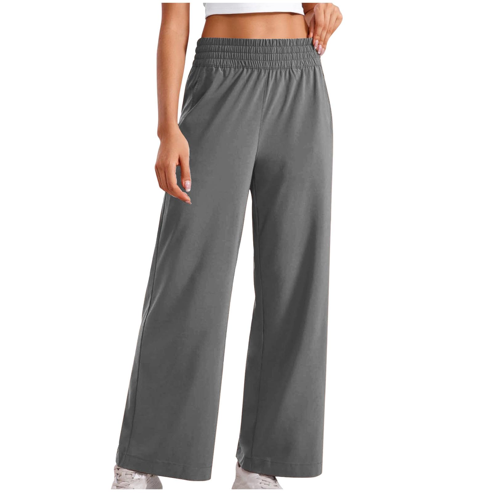 Pantalon Large Femme Taille Élastique Poches Latérales Couleur Unie