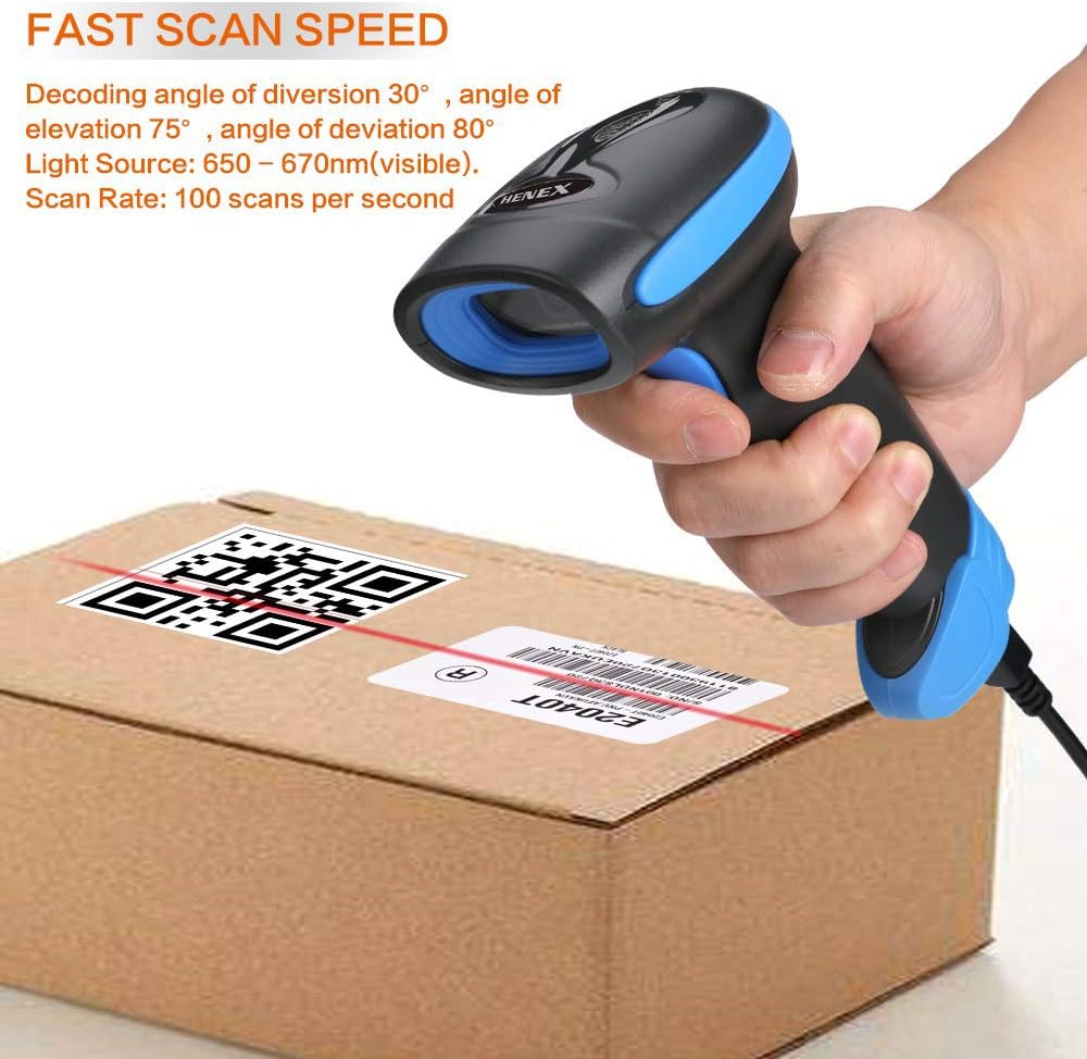 Barcode scanner scanning a QR code on a box, illustrating fast scan speed