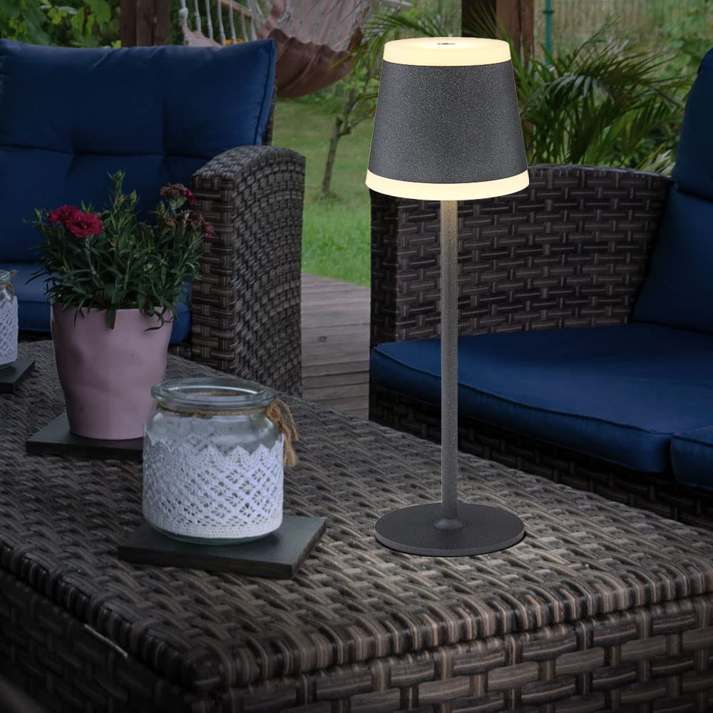 LED Tischlampe Akku Tischleuchte Tischlampe kabellos mit Touchdimmer, IP54 Wetterfest dimmbar, Metall grau opal, 1x LED 4W 220Lm 3000K, DxH 11x38,5cm