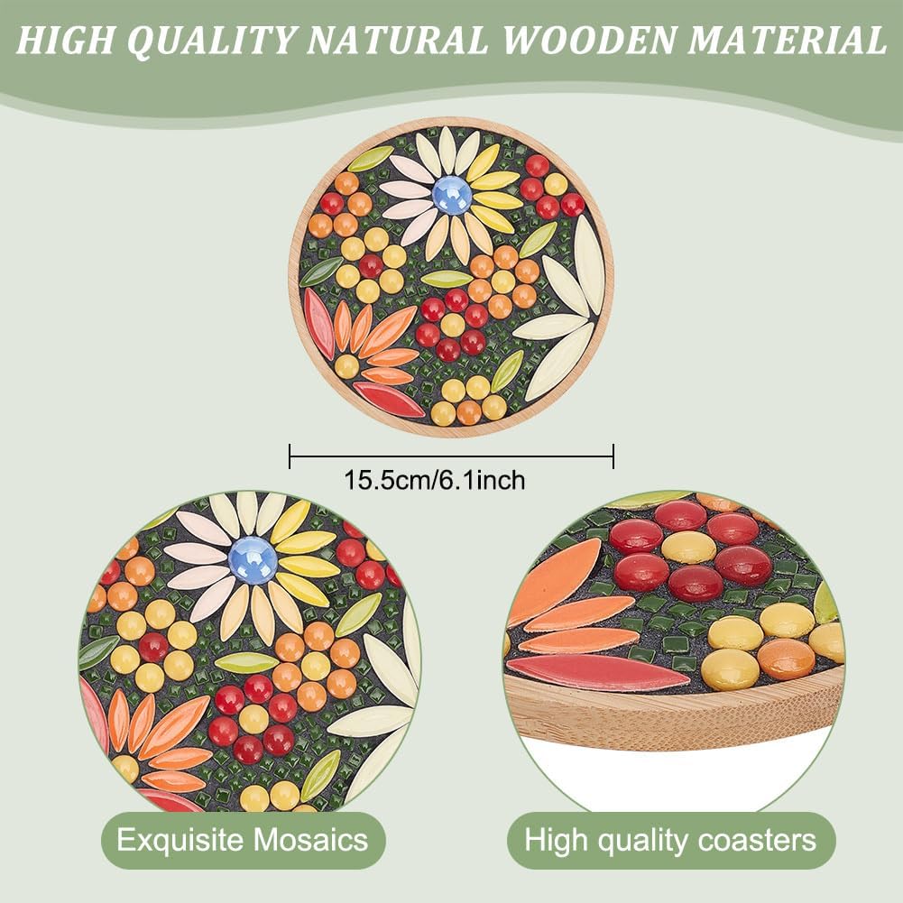 WEBEEDY DIY Mosaic Craft Kit Flower Mosaic Bamboo Coasters Kits for Adults Beginner, Mixed Color Glass Mosaic Tiles with Round Coaster Base for Handmade Mosaic Coaster Home Decor Christmas Gift, 6.1"