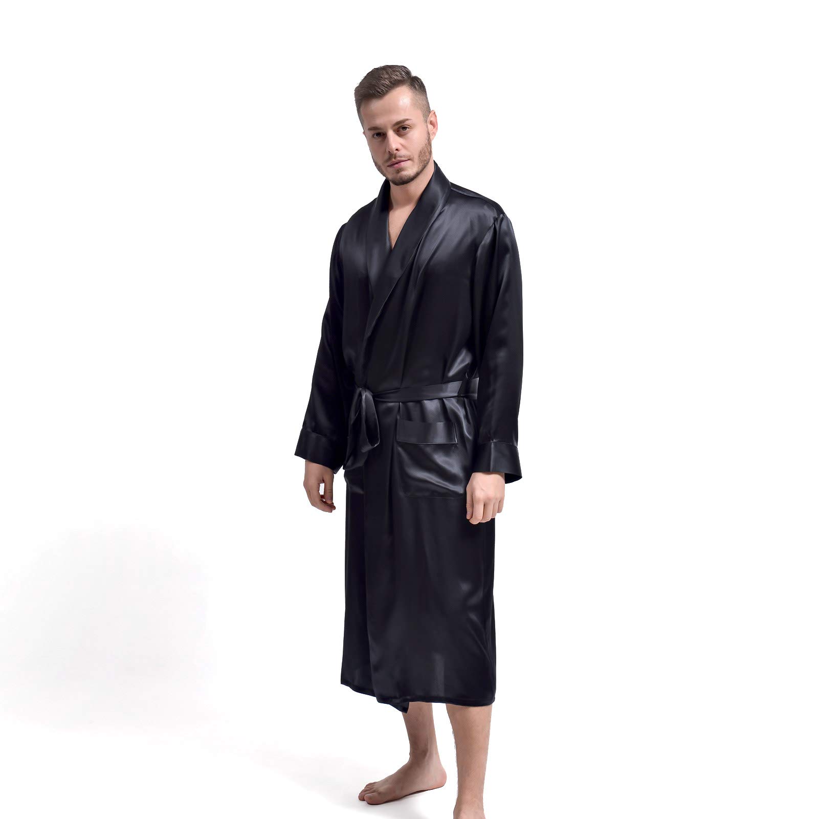 THXSILK Seide Bademantel für Herren Hausmantel Morgenmantel Lang aus Seide 19 Momme (Schwarz, XXXL)