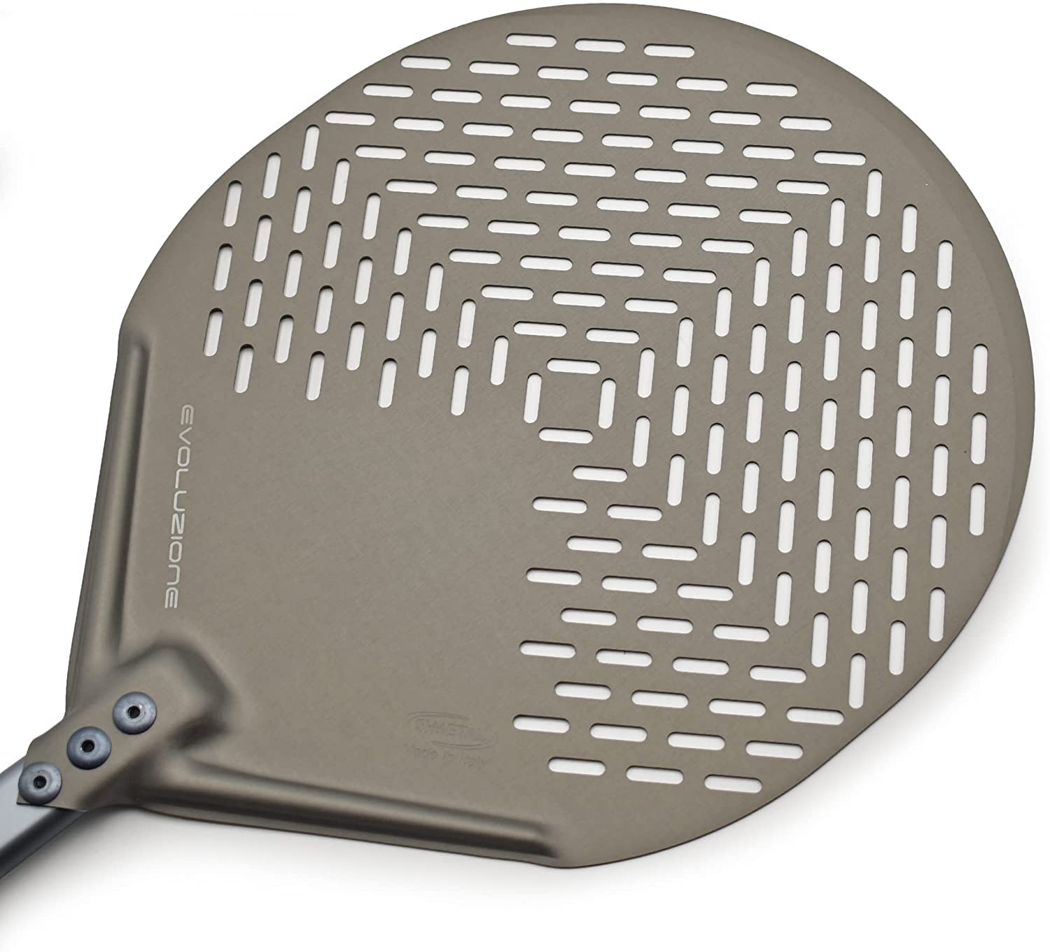 Pala per Pizza, Pala Evoluzione forata per infornare la pizza Gi-Metal tonda con spatola in omaggio (33x33 cm Lunghezza tot. 186 cm)