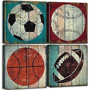 Boys Room Wall Decor Vintage Sports Decor for Boys Bedroom Baseball Soccer Pictures Canvas Print Kids Wall Art Basketball Football Painting Artwork Toddler Nursery Playroom Home Decoration 12×12″ 4Pcs