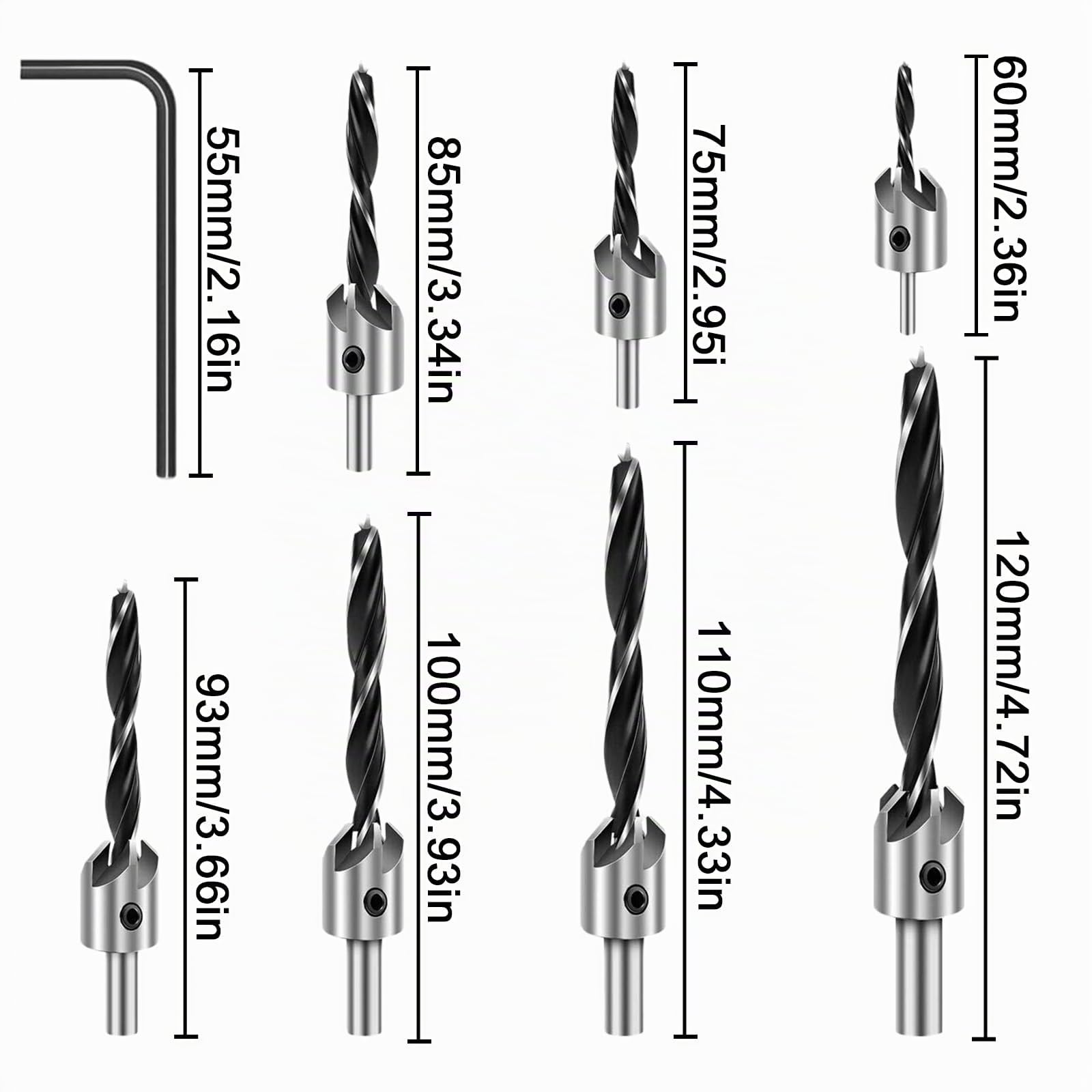 Set di 7 punte per legno con arresto di profondità 3, 4, 5, 6, 7, 8, 10 mm, set di punte per la lavorazione del legno, coniche con arresto di profondità