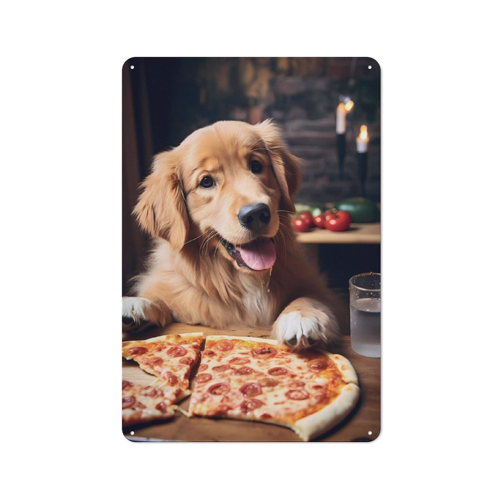 Junmoney Golden Retriever Pizza Dog 30X20cm Retro Metal Sign With For Man Cave Or Games Room, Tin Sign Wall Decor For Games Rooms And Man Caves
