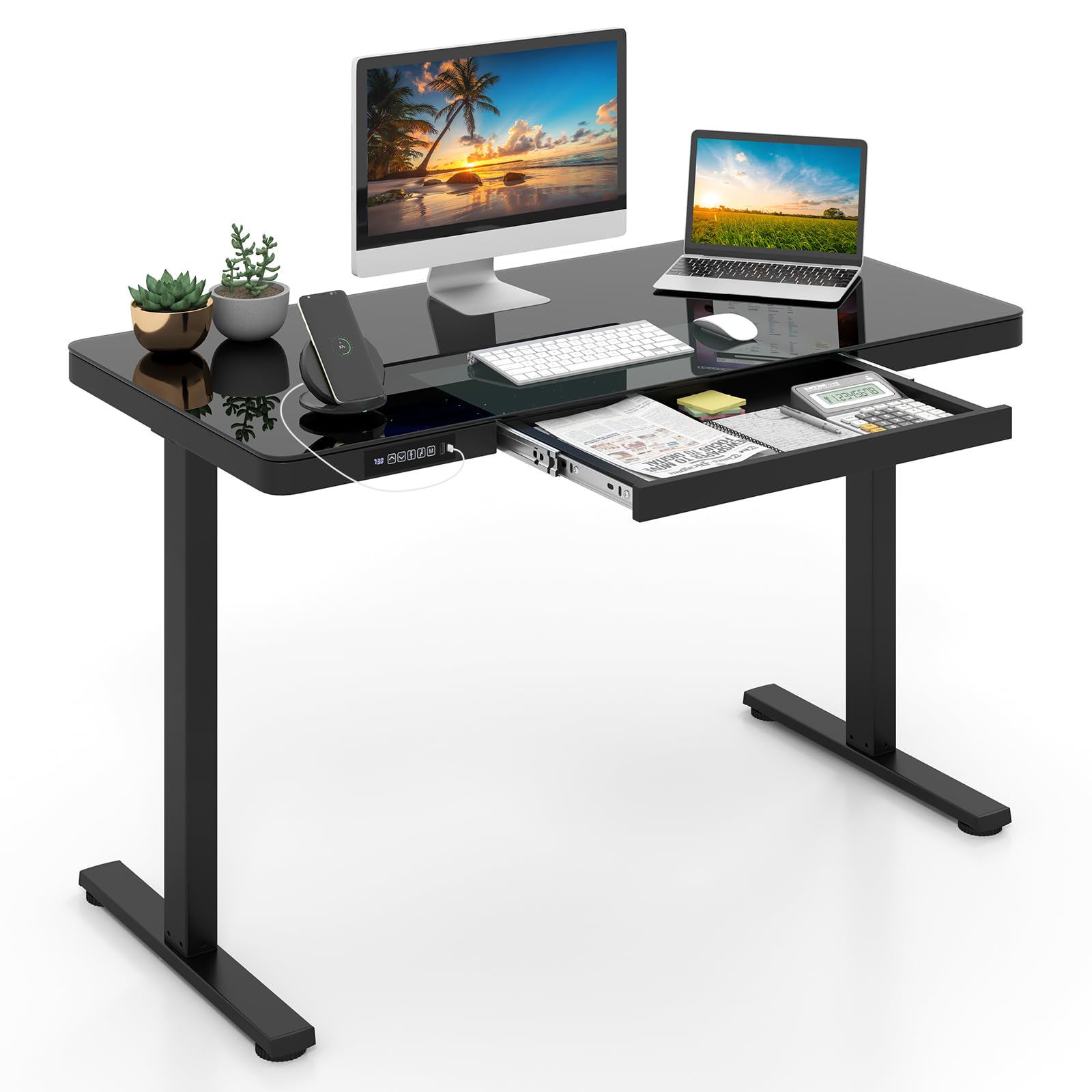 CASART Glass Electric Standing Desk, 120x60cm Height Adjustable Sit Stand Desk with Memory Setting, Drawer & USB Type-C Outlets, Stand up Computer Workstation for Home Office (Black)
