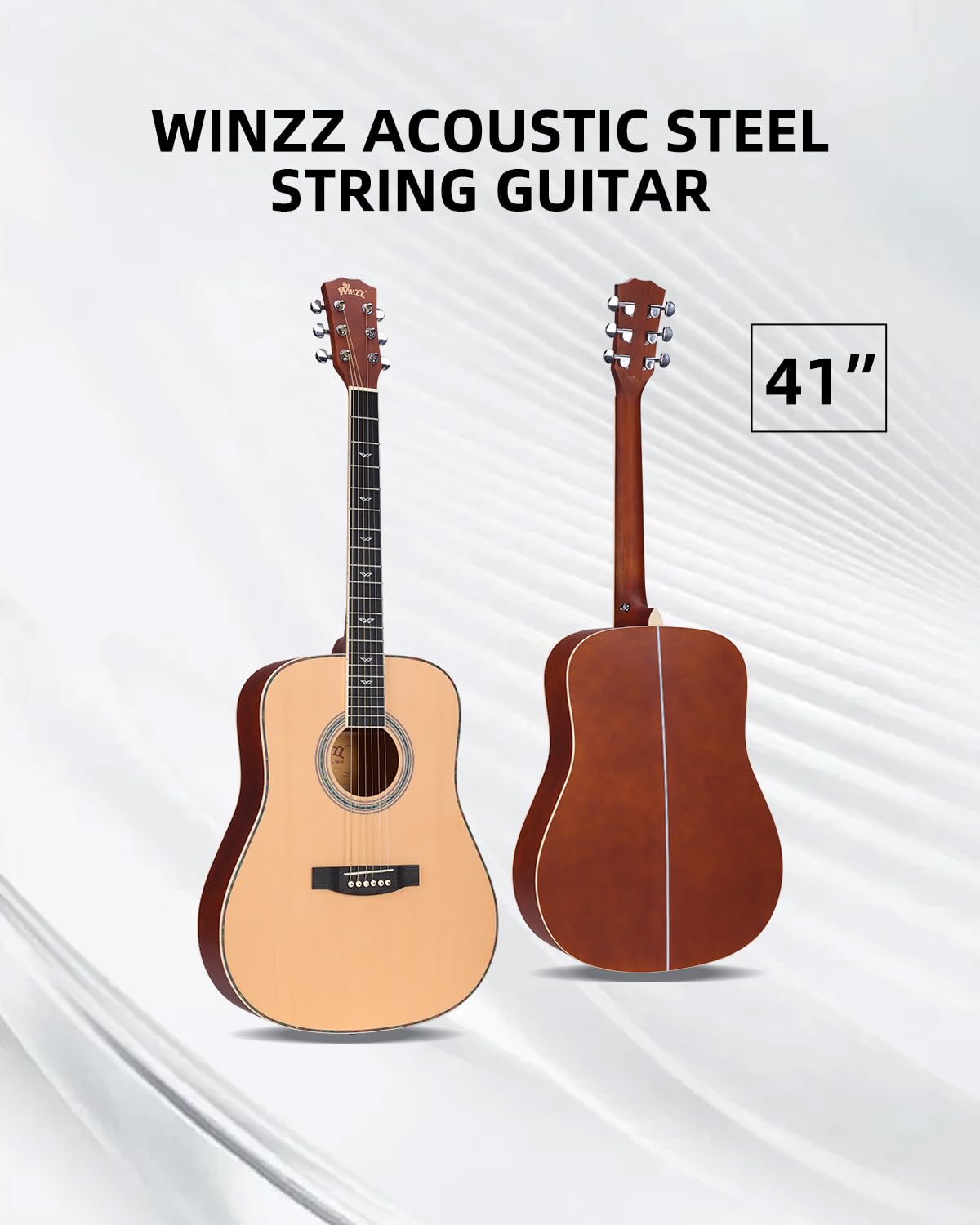 Winzz Akoestische Gitaren Full Size, 4/4 Folk Gitaar voor Beginners Volwassenen, Akoestische Staalsnarige Gitaar Zwart