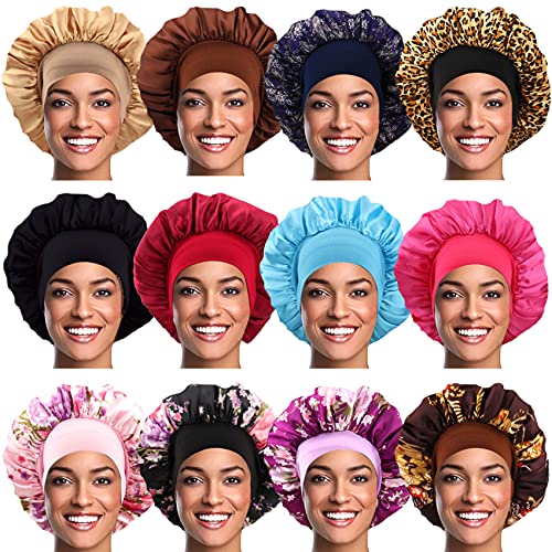 12 Pieces Satin Sleep Cap Soft Elastic Wide Band Hair Bonnet Hat Large Night Sleeping Cap Head Cover for Women Long Curly Natural Hair