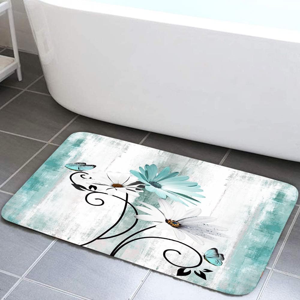 Rustic Farmhouse Bath Rug, Farm Teal Daisy Floral Flowers