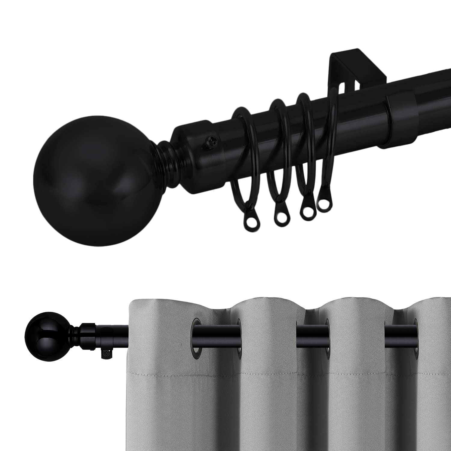 Hafaa Curtain Poles Plain Metal Ball Adjustable Decorative Window Curtain Pole Includes 70 to 120 cm Extendable Curtain Rod, 60mm Size Classic Finials, Rings, Brackets & Fittings Set, Matte Black — image 1