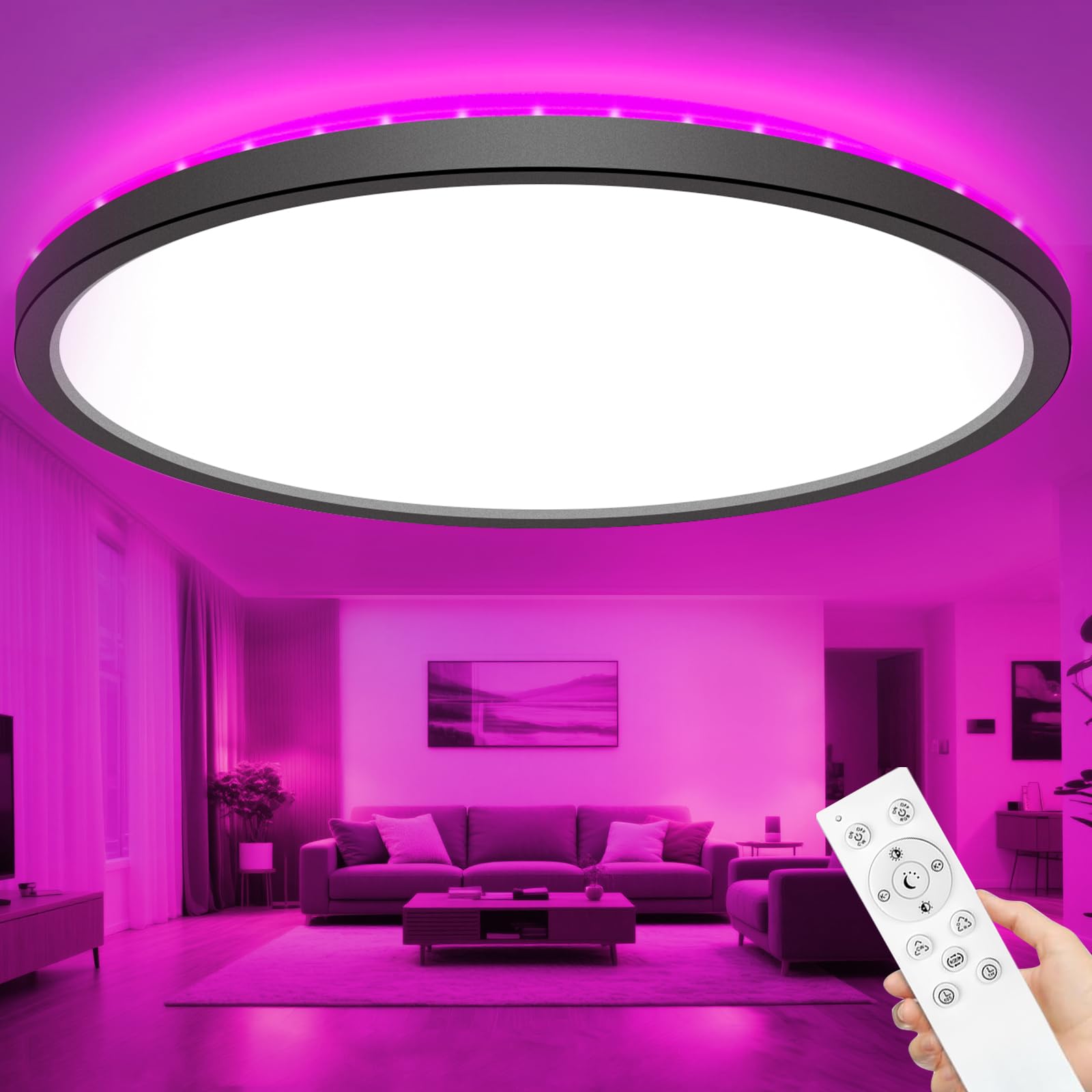 zemty LED Deckenleuchte Dimmbar 60CM, 50W 5040LM RGB Deckenlampe mit Fernbedienung, 3000K-6500K Wasserfest Badezimmer Lampe Decke für Bad Kinderzimmer Schlafzimmer Wohnzimmer Schwarz