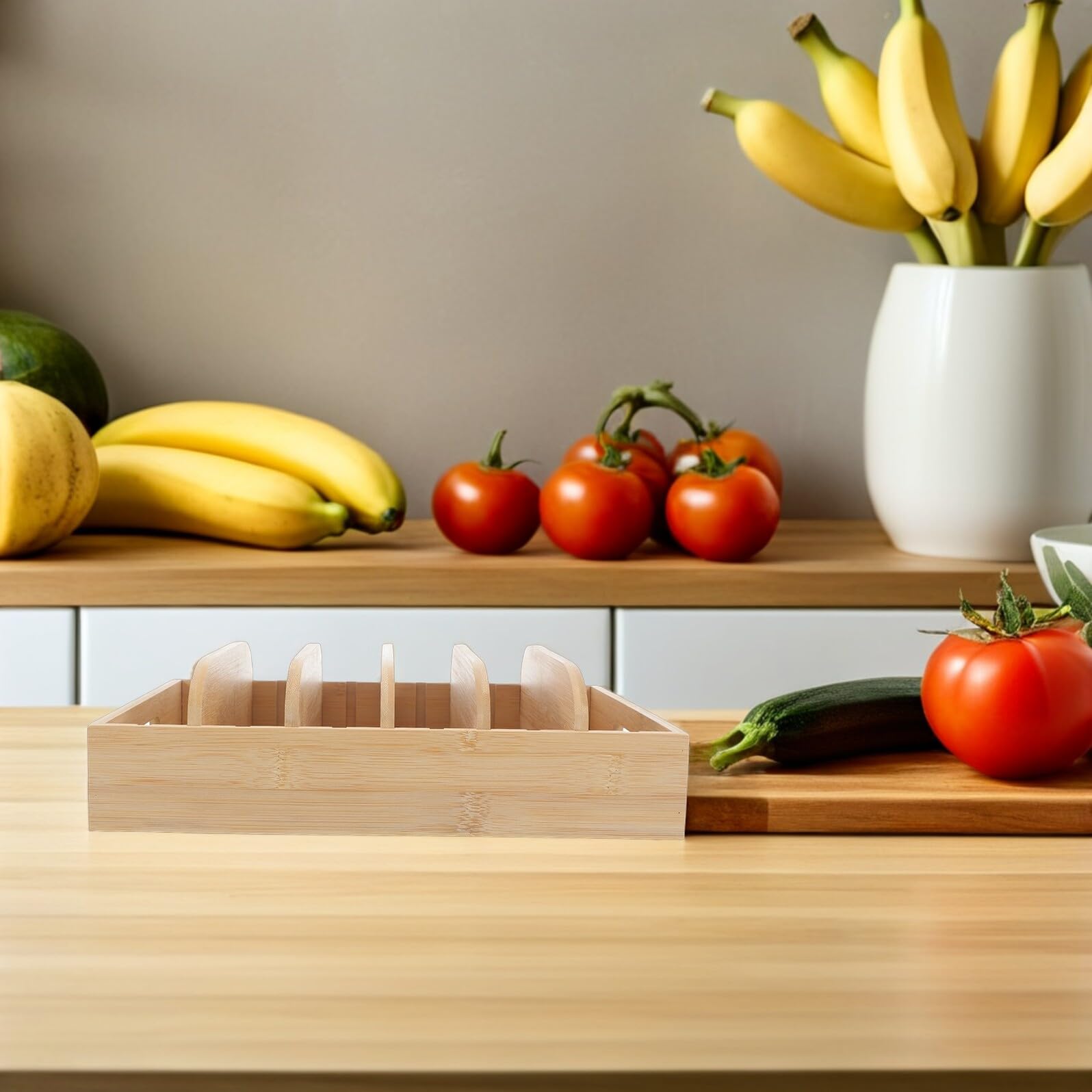 Organizer per Alimenti in Bambù con 5 Divisori Regolabili e 6 Scomparti, Contenitore per Coperchi da Cucina con Maniglie Ergonomiche, Supporto per Cassetti Dispensa e Piano
