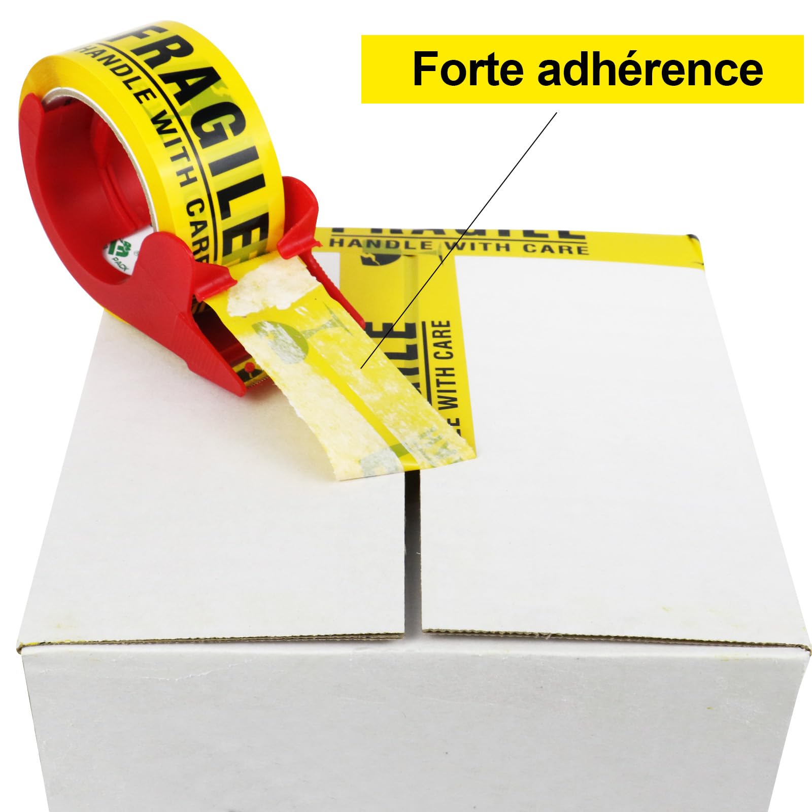 BOMEI PACK FRAGILE Jaune Ruban d’emballage sécurité 66m x 48mm–6 rouleaux avec dévidoir Adhésif fort pour colis, entrepôt, e-commerce