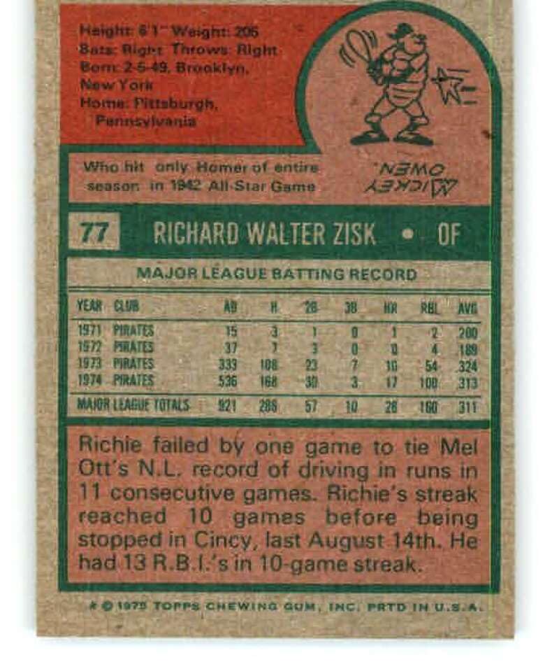 Amazon.com: 1975 Topps (NM) #77 Richie Zisk Pittsburgh Pirates MLB