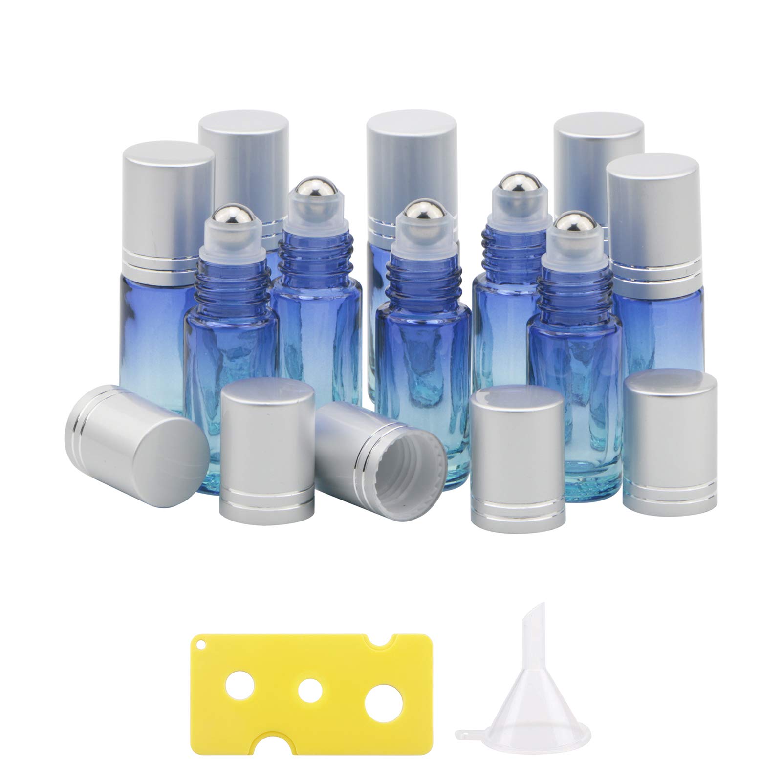 Kesell Blue Gradient Glass Roller Bottles UV Protection 10Pack 5ml Gradient Color Essential Oil Roller Bottles with Stainless Steel Roller Balls and Silver Lid（1 Funnel, 1 Bottle Opener）