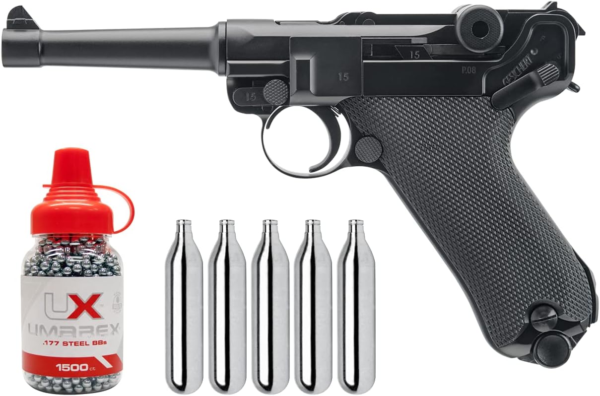 Wearable4U - Legends P.08 All Metal CO2 .177 Caliber BB Gun Blowback Air Pistol with 1500 BBS and 5xCO2 Tanks Bundle