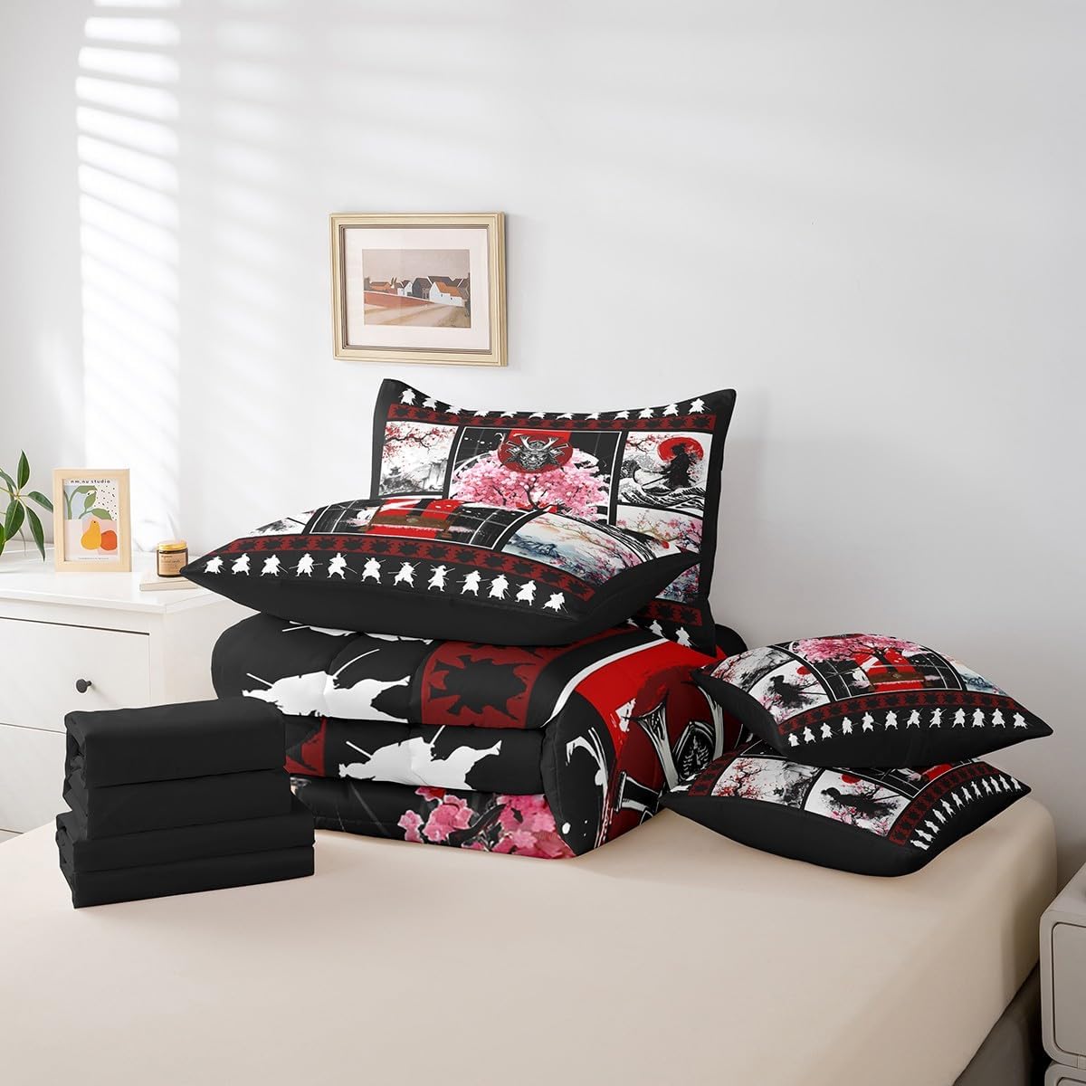 Feelyou Cherry Blossoms Comforter Set Twin Size 7 Pieces Samurai Kids Boys Girls Japanese Ocean Wave Bedding Set Japanese-Style Plaid Bed in a Bag with Comforter, Sheets, Pillowcases & Cushion Cover