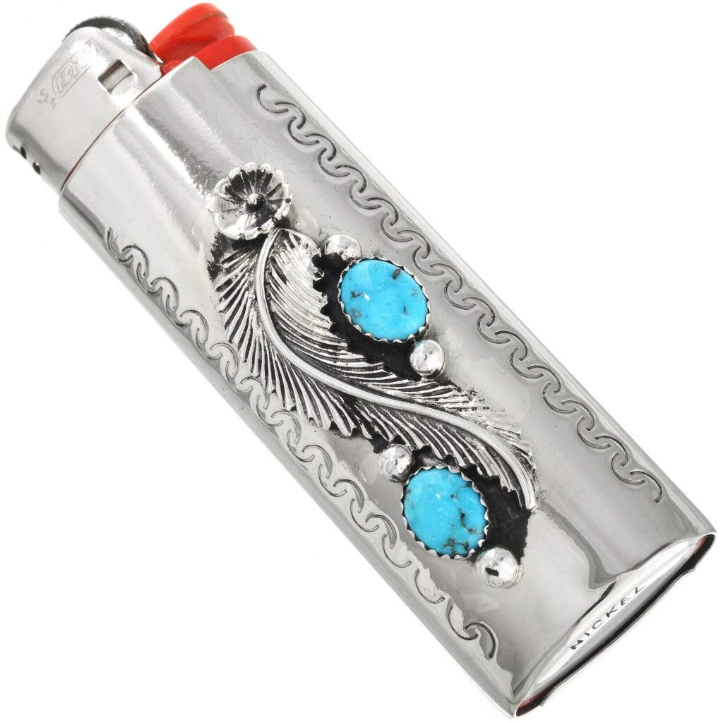 Alltribes Navajo Natural Kingman Turquoise Silver Lighter Case Cover Sterling Flower Leaf Pattern 0045