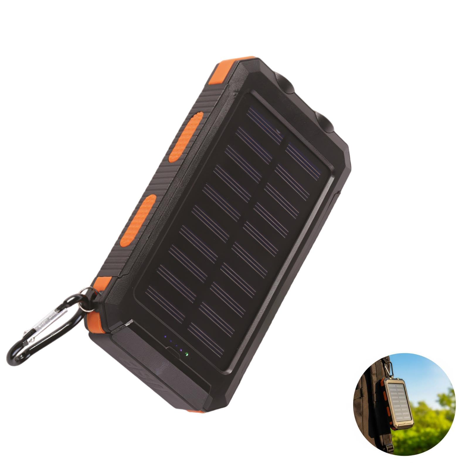 Cargador de energía solar de 20000 mAh con carga inalámbrica, múltiples salidas USB, luz LED de camping, carcasa impermeable, funda resistente para aventuras al aire libre y uso de emergencia