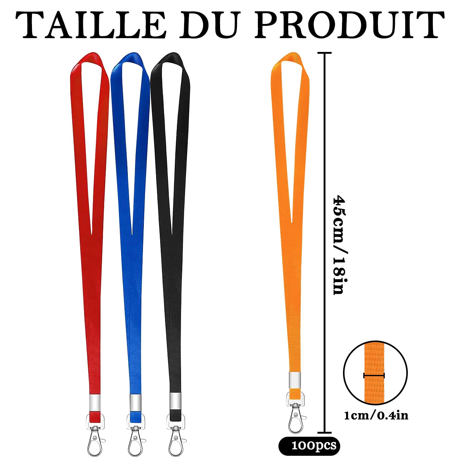 Lot de 100 Lanières Orange pour tour de Cou, Cordons pour Badge D'identité, Cordons avec Crochet Pivotant en Métal pour Porte-Carte D'identité