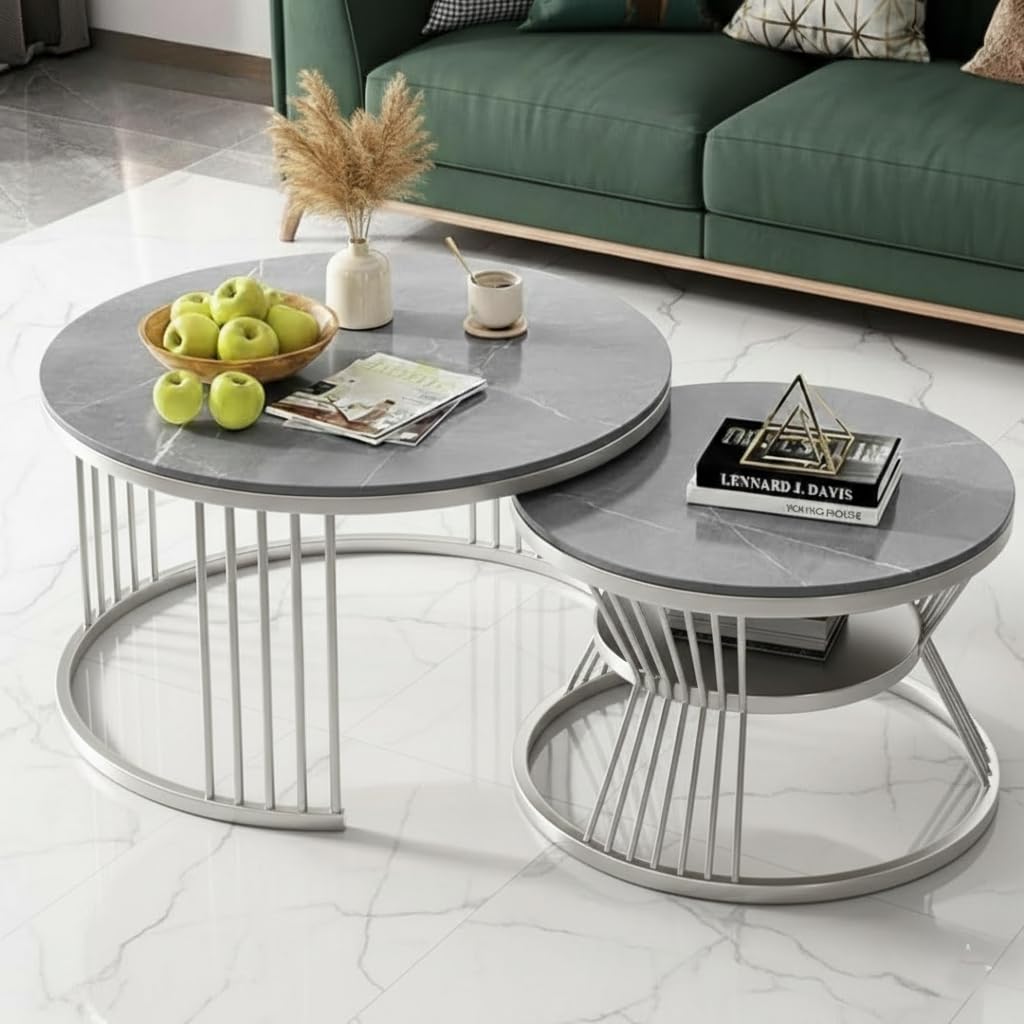 Modern Round Nesting Coffee Table Set of 2 with Marble Finish Top & Metal Frame | Space Saving Nesting Center Table for Living Room, Bedroom, Office Lounge | Contemporary Circular Coffee Table Set-image-34