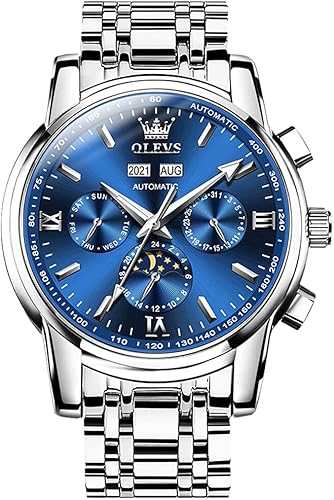 OLEVS Reloj de lujo mecánico automático para hombre, impermeable, cuerda automática, fase lunar, fecha, cronógrafo, acero inoxidable, luminoso,
