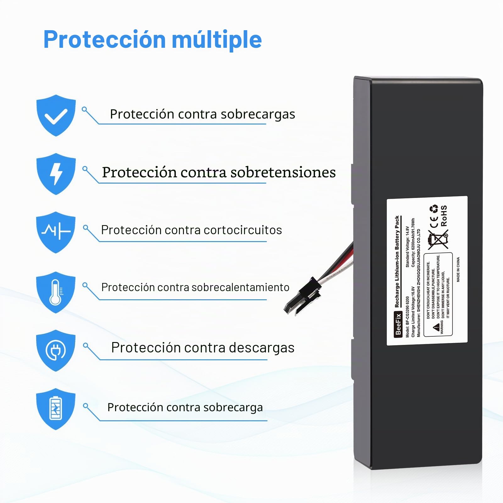 Batería de repuesto de 6200mAh para Conga 3290, 3390, 3490, 3590, 3690, 3790 y 3890 14.8V Li-ion Batería de aspiradora de vacío robótico