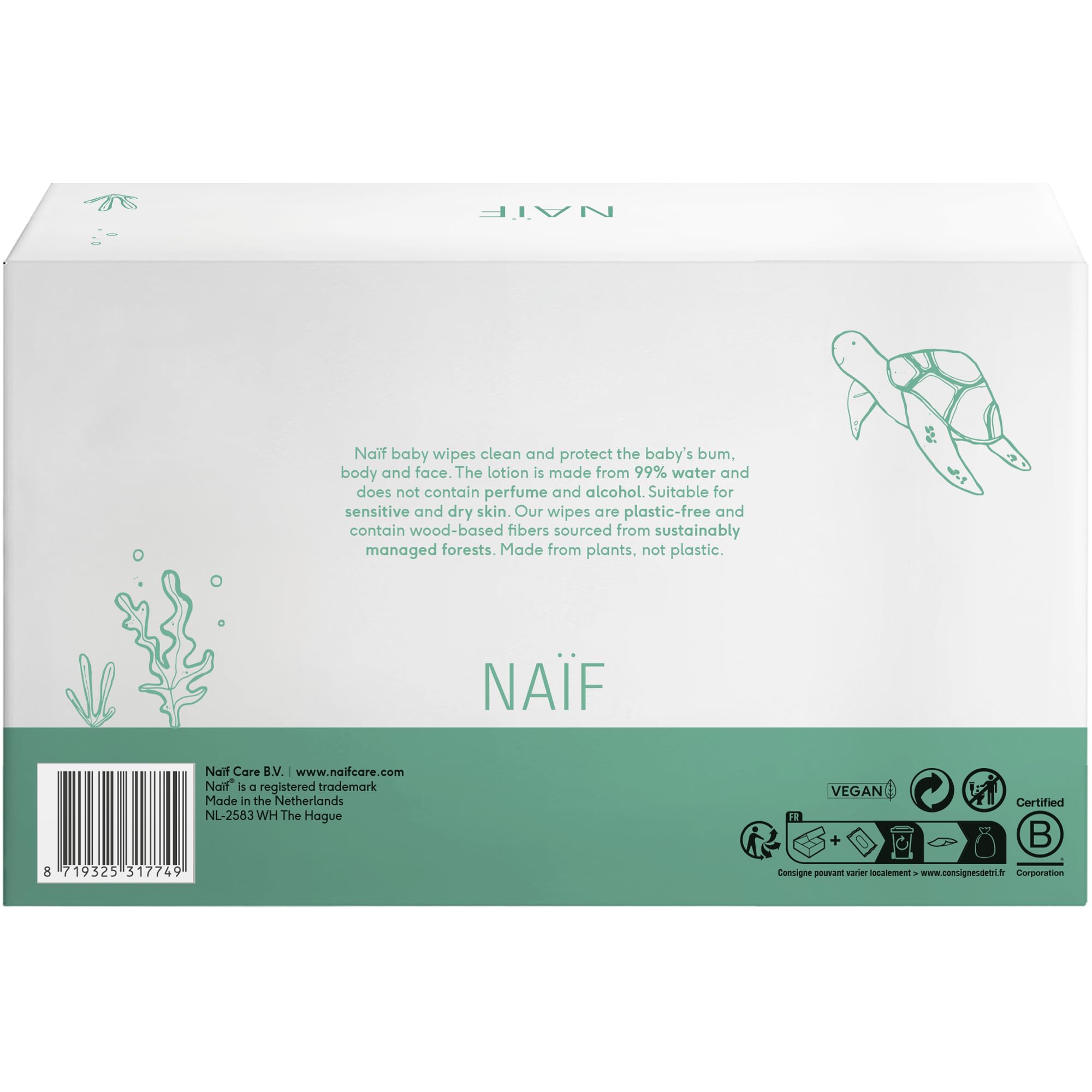 Naïf chusteczki nawilżane bez plastiku 1296 sztuk (24 x 54 chusteczki nawilżane) - pielęgnacja tyłka, ciała i twarzy dziecka - 99% woda - 0% perfumy i alkohol