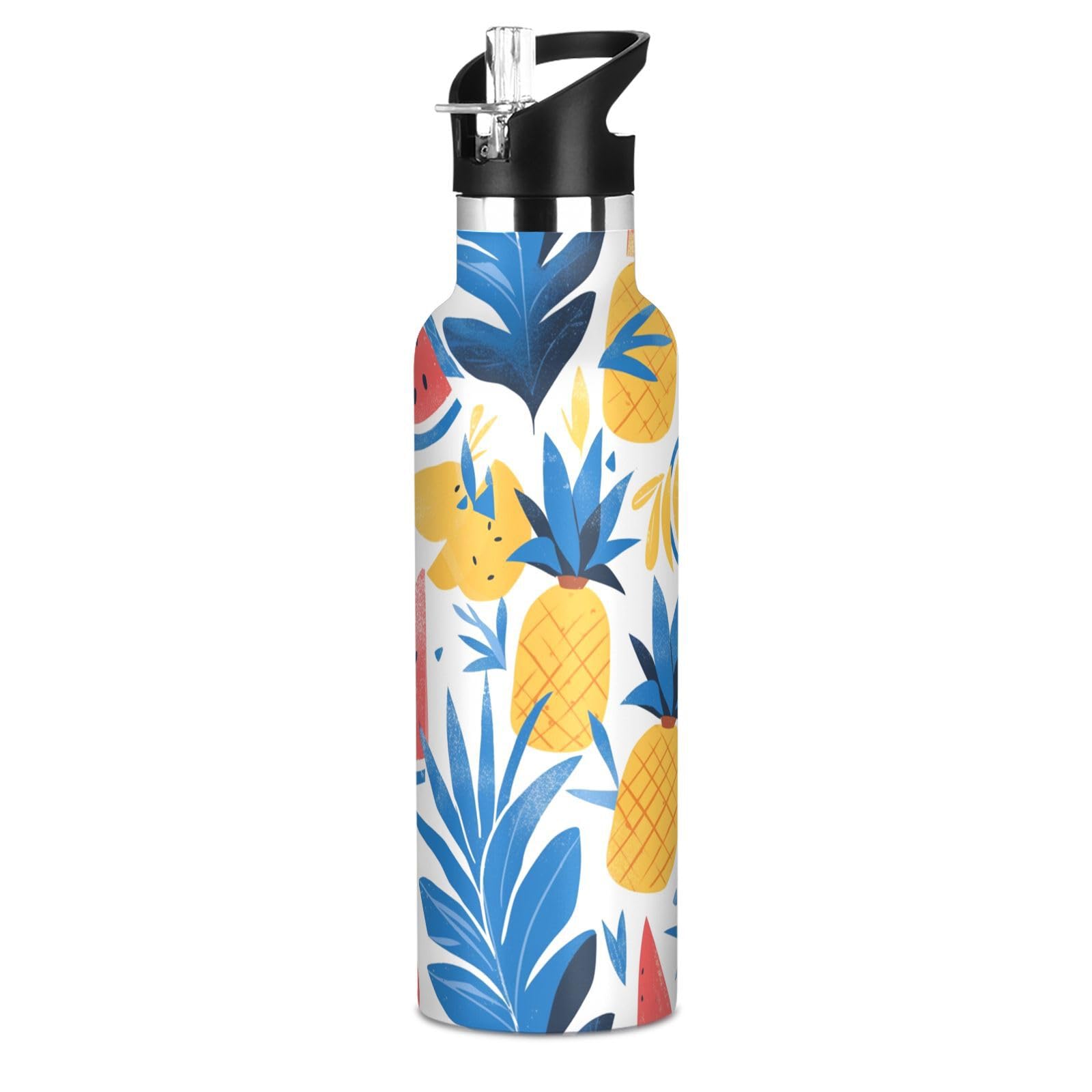Kaaviyo Boys Pattern Yellow Pineapple Leaves Tropical Water Bottle Stainless Steel Jug Insulated Vacuum Cup For Girls(600Ml)