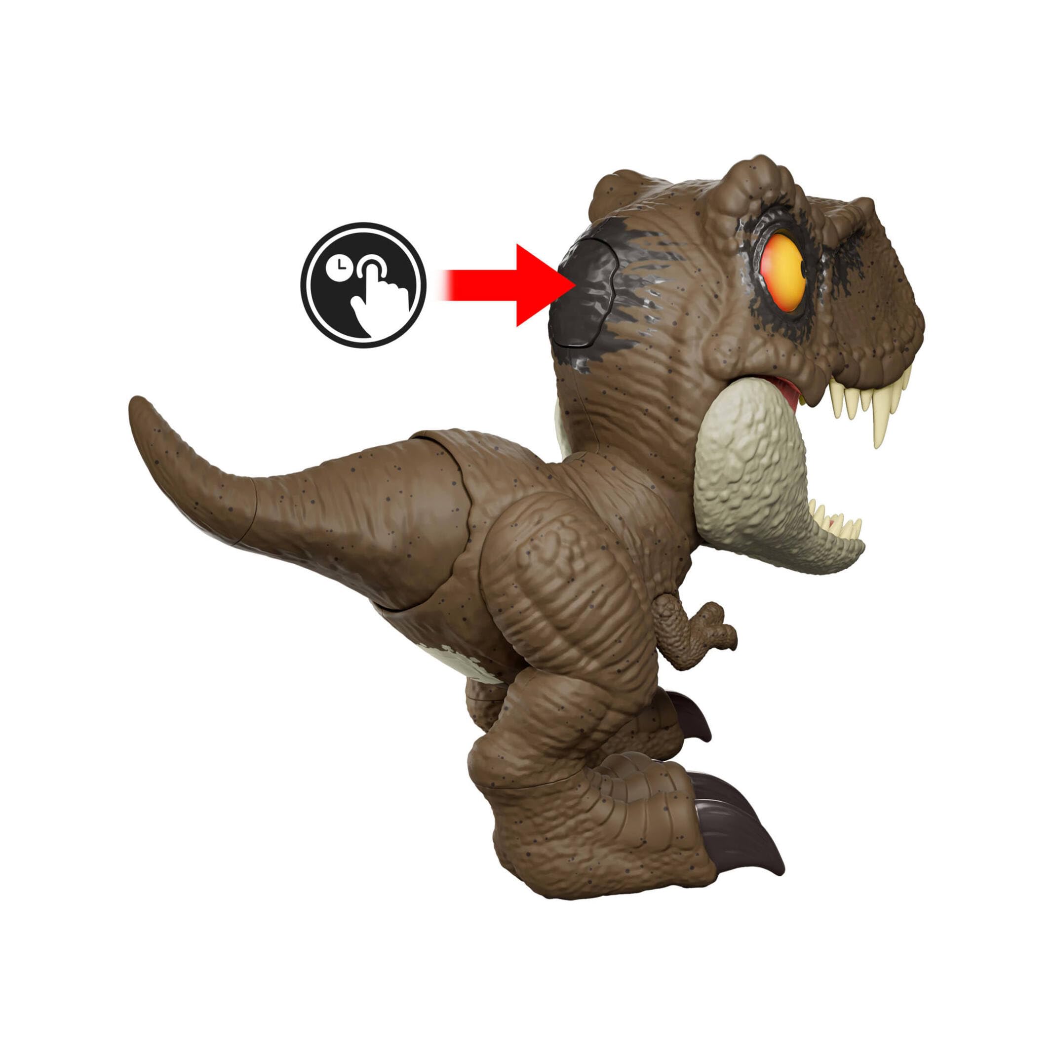 Mattel Jurassic World Roar Command Tiranosaurio rex Figura de dinosaurio de juguete, graba frases y haz que el tiranosaurio rex hable, ataque y rugido activados con la cola, JCW01