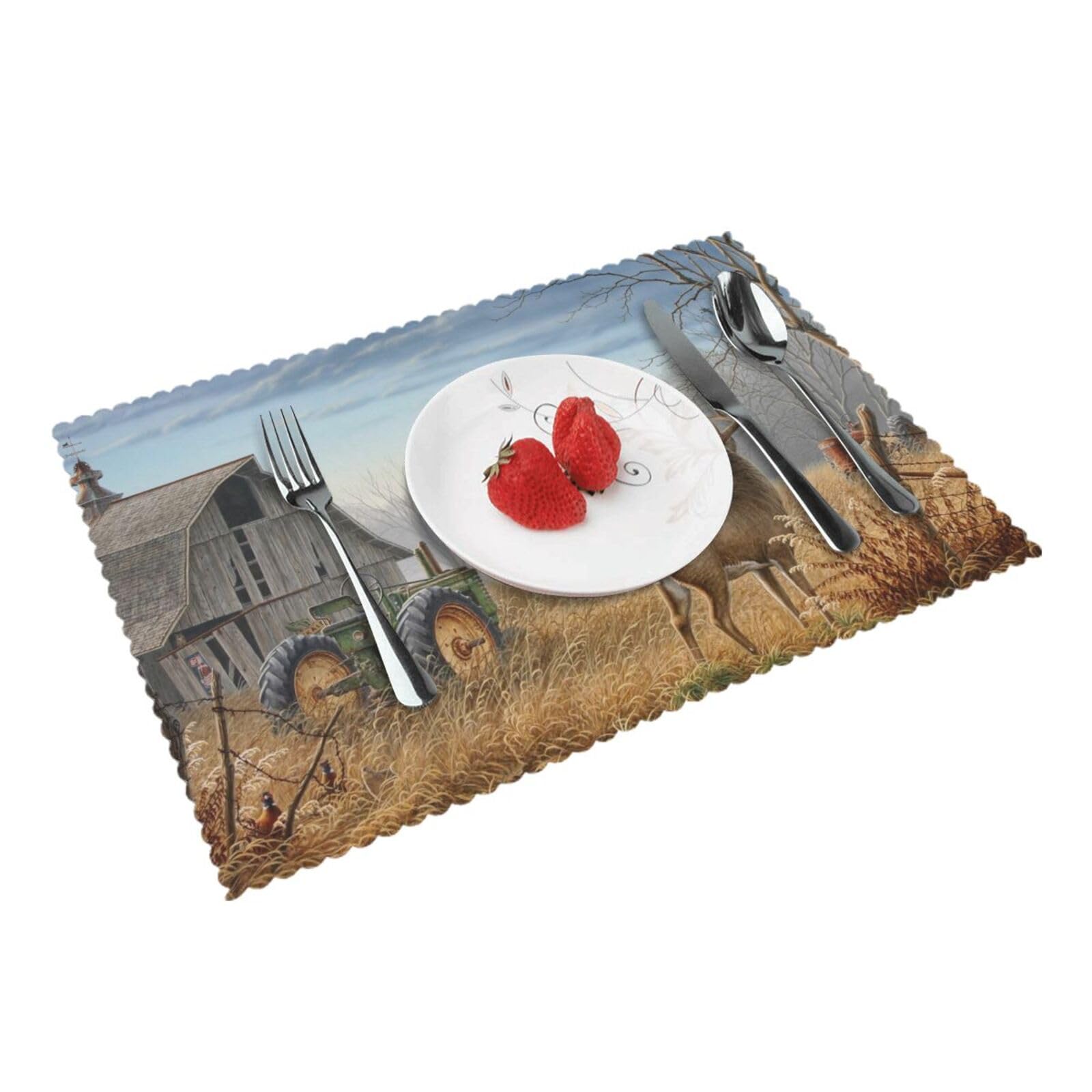 4 PCS Heat Resistant Placemat 45x30 CM, Farm with deer Printed Non-Slip Place Mats for Kitchen Dining Table Indoor Outdoor