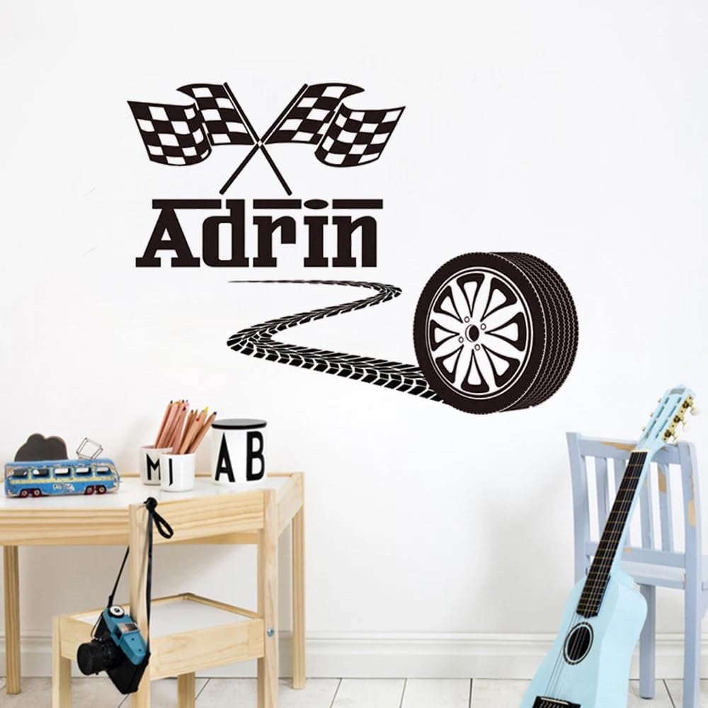 Custom Wall Stickers,Personalized Boy Name Racing Car Tire Checkered Flags Decals Wheel Vinyl Boy Room Playroom Decor Murals, Personalised Wall Sticker(55x75cm)