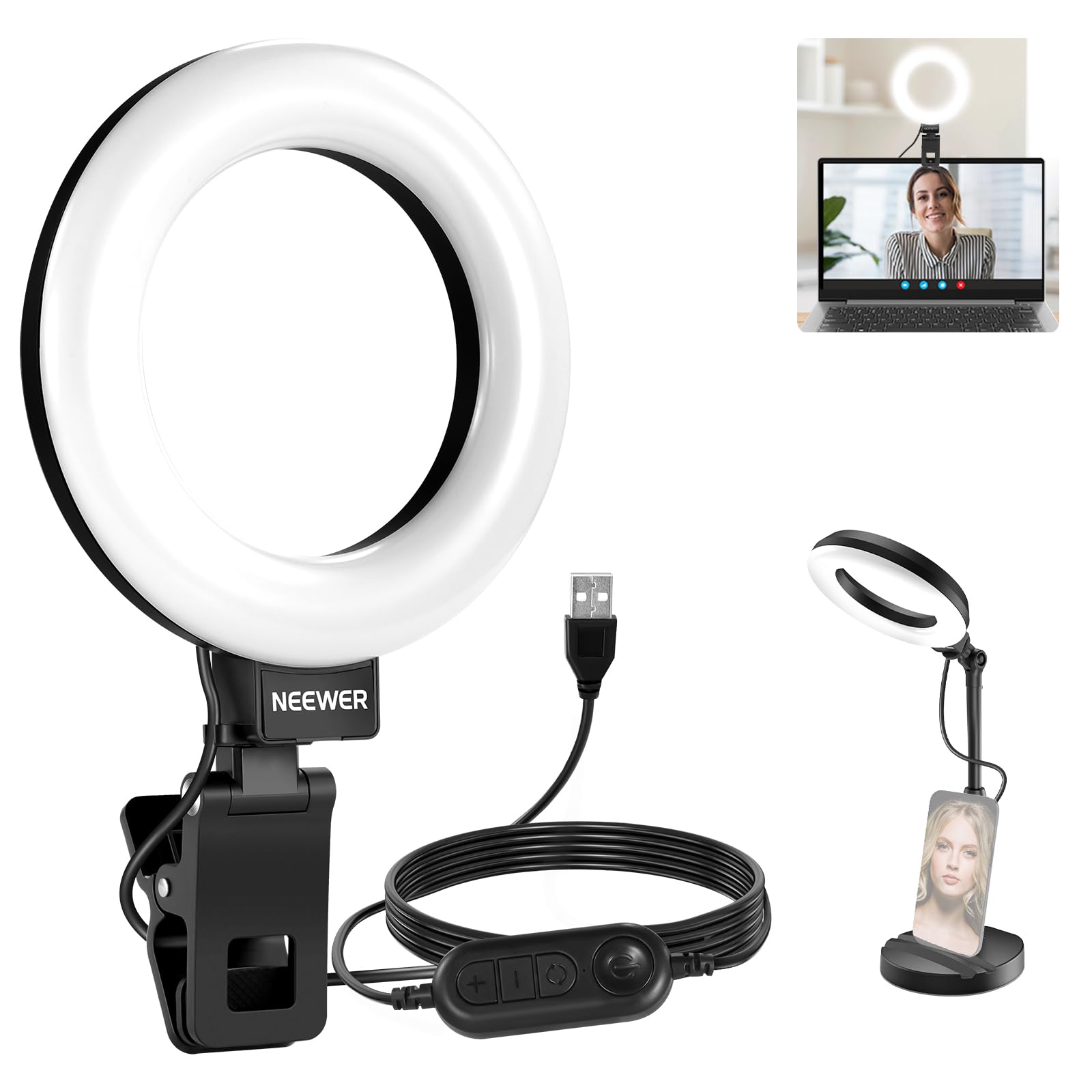 NEEWER Basics 5" LED Desktop Ring Light with Stand, Monitor Clamp, 10W, Compatible with iPhone Desk Computer Laptop Webcam Phone for Selfie Makeup Recording Zoom Video Conference Lighting, Black BR60