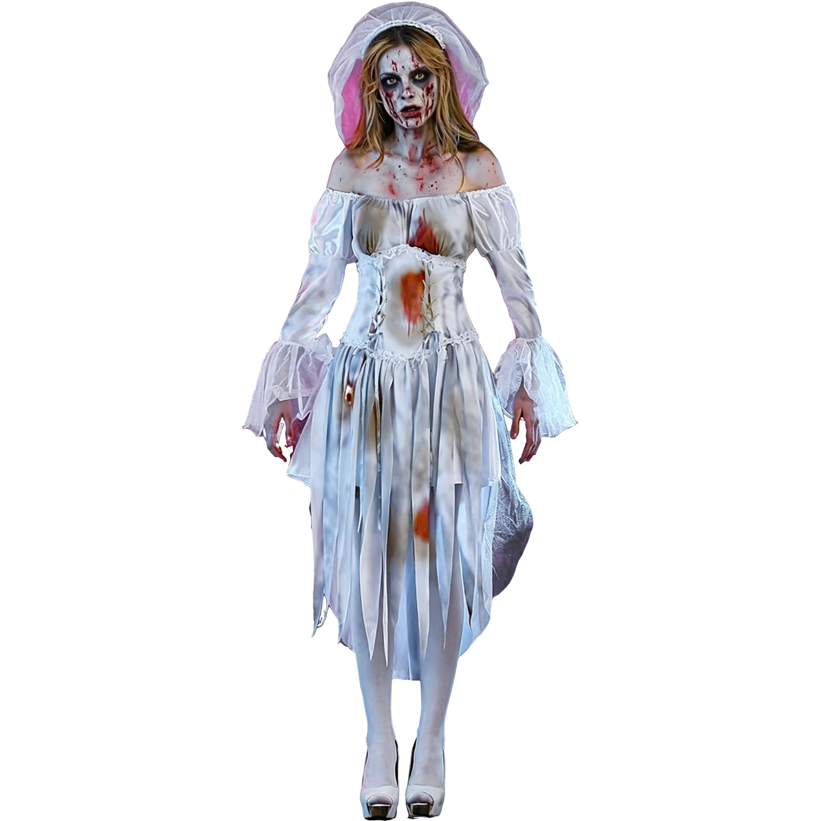Sexy outfit Damski kostium zakrwawionej zwłok panny młodej 3-częściowy zestaw Sukienka z odkrytymi ramionami z gorsetem i welonem Halloween Straszny przebranie