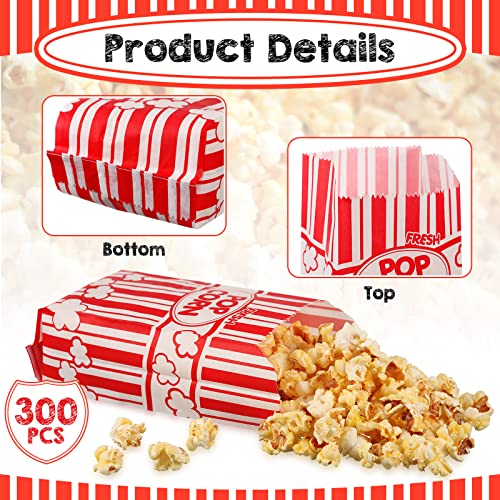 Image of Potchen 300 Pcs Popcorn Paper Bags Disposable Grease Resistant Striped Popcorn Container for Movie Night Carnival Party Theater(Red,1 oz)