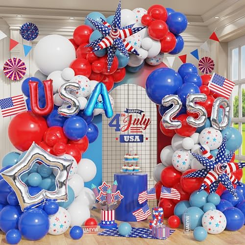 146Pcs Red White Blue Patriotic 4th of July Balloon Arch Kit Anniversary 250th Decorations Star Balloon for Patriotic Memorial Veterans Independence Day Party Supplies (red blue white)