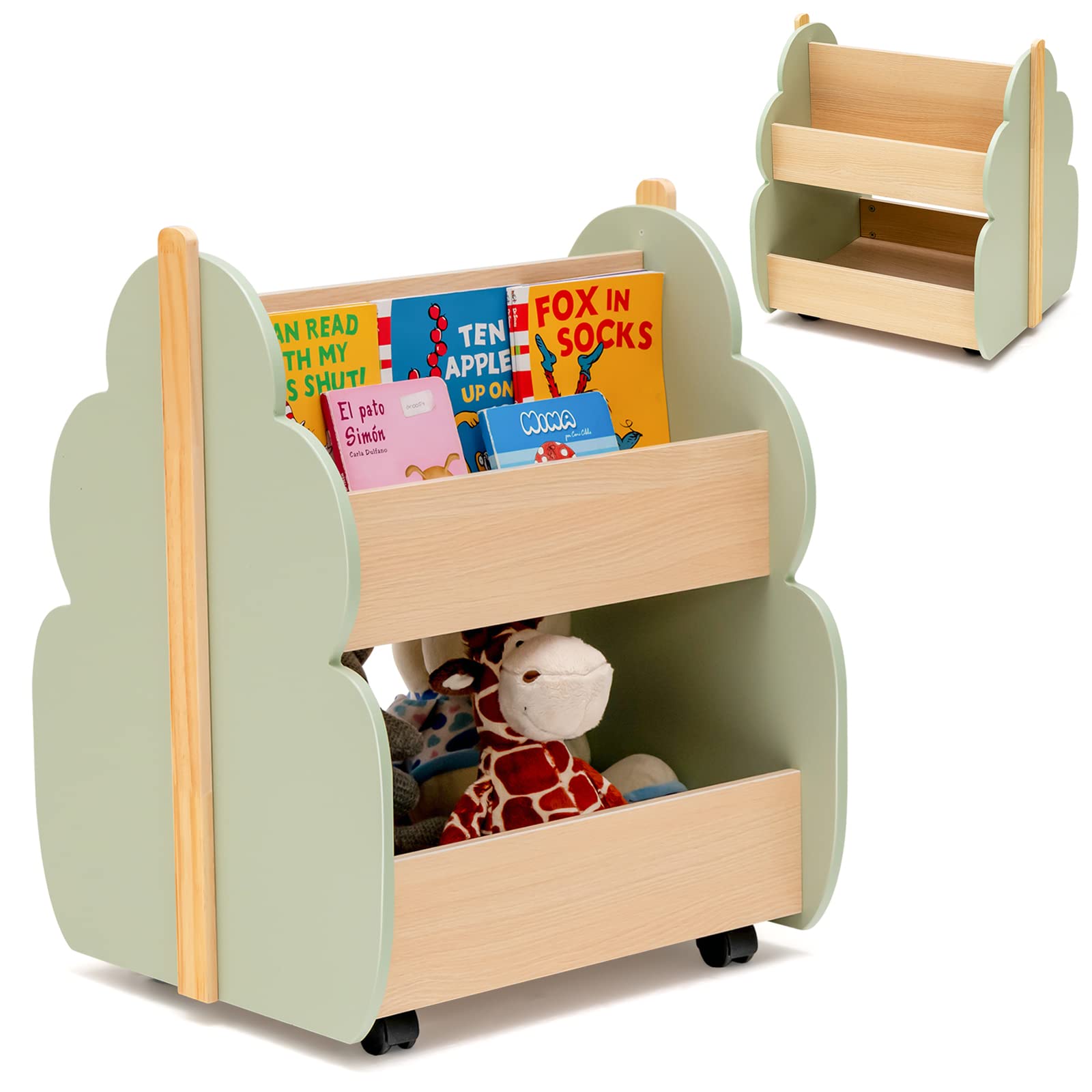 DREAMADE Kinder Bücherregal Kinderregal mit 3 offener Ablage, Spielzeug-Organizer, Spielzeugkiste mit Räder für Bücher und Spielzeug, für Kinderzimmer & Kindergarten 52x46x62,5 cm (Grün)