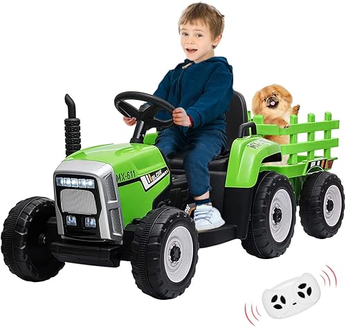 Tractor de 12 V con remolque y control remoto, vehículo eléctrico para niños pequeños con faros LED, cambio de marchas 2+1, reproductor de MP3, USB,