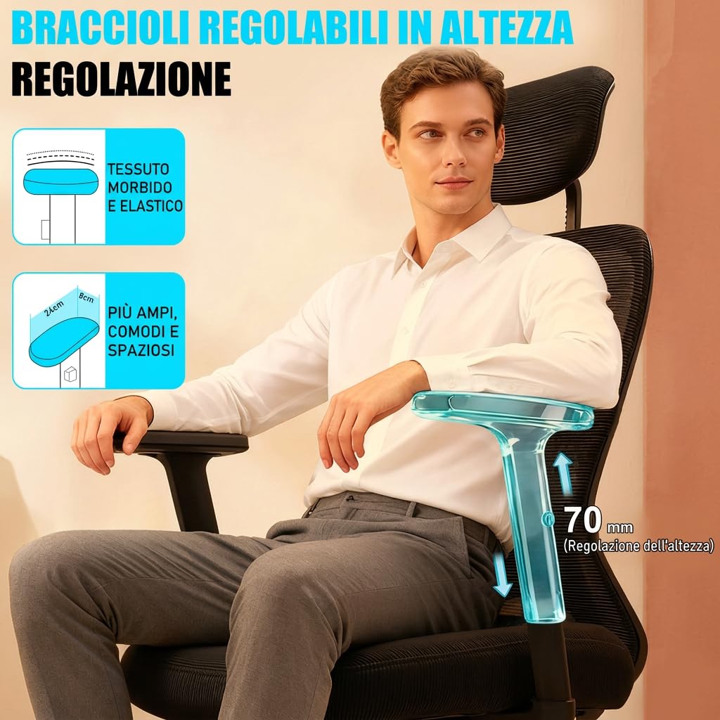 Sedia da Ufficio Ergonomica con Poggiatesta, Supporto Lombare e Braccioli Regolabili, Sedia da Scrivania PC in Rete, Reclinabile 90°-130° con Blocco a 3 Posizioni, Home Office, 150 kg, Nera