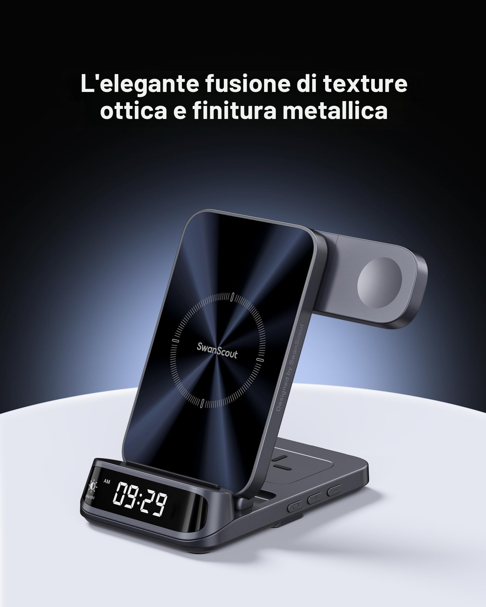 SwanScout Caricatore Wireless per iPhone, Stazione di Ricarica 3 in 1 per iPhone 17/Air/16/15/14/13/12, Base Ricarica per Apple Watch Ultra 3/11/10/9/8, per AirPods, SwanScout 708A (Senza Adattatore)