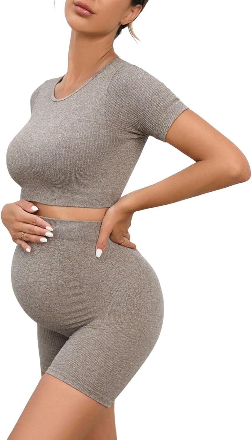HGps8w Womens Maternity 2 Piece Outfits - Seamless Short Sleeve Crop Top & Shorts Pregnancy Yoga Workout Lounge Sets