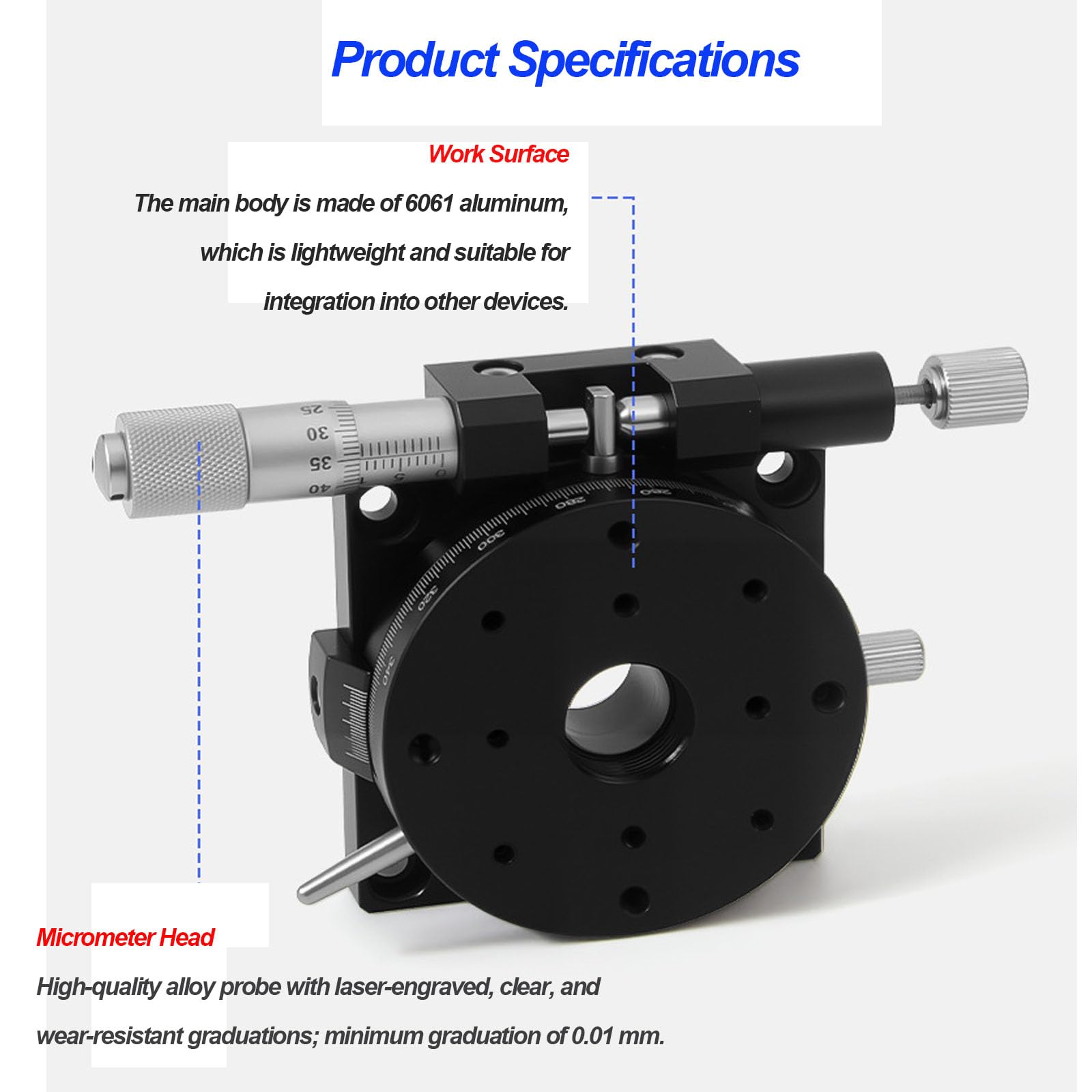 Etapa de rotación manual del eje R de 60 mm, mesa deslizante de ajuste fino de 360°, capacidad de carga 29,4 N, paralelismo 0,02 mm, plataforma de corte para equipos de producción y pruebas