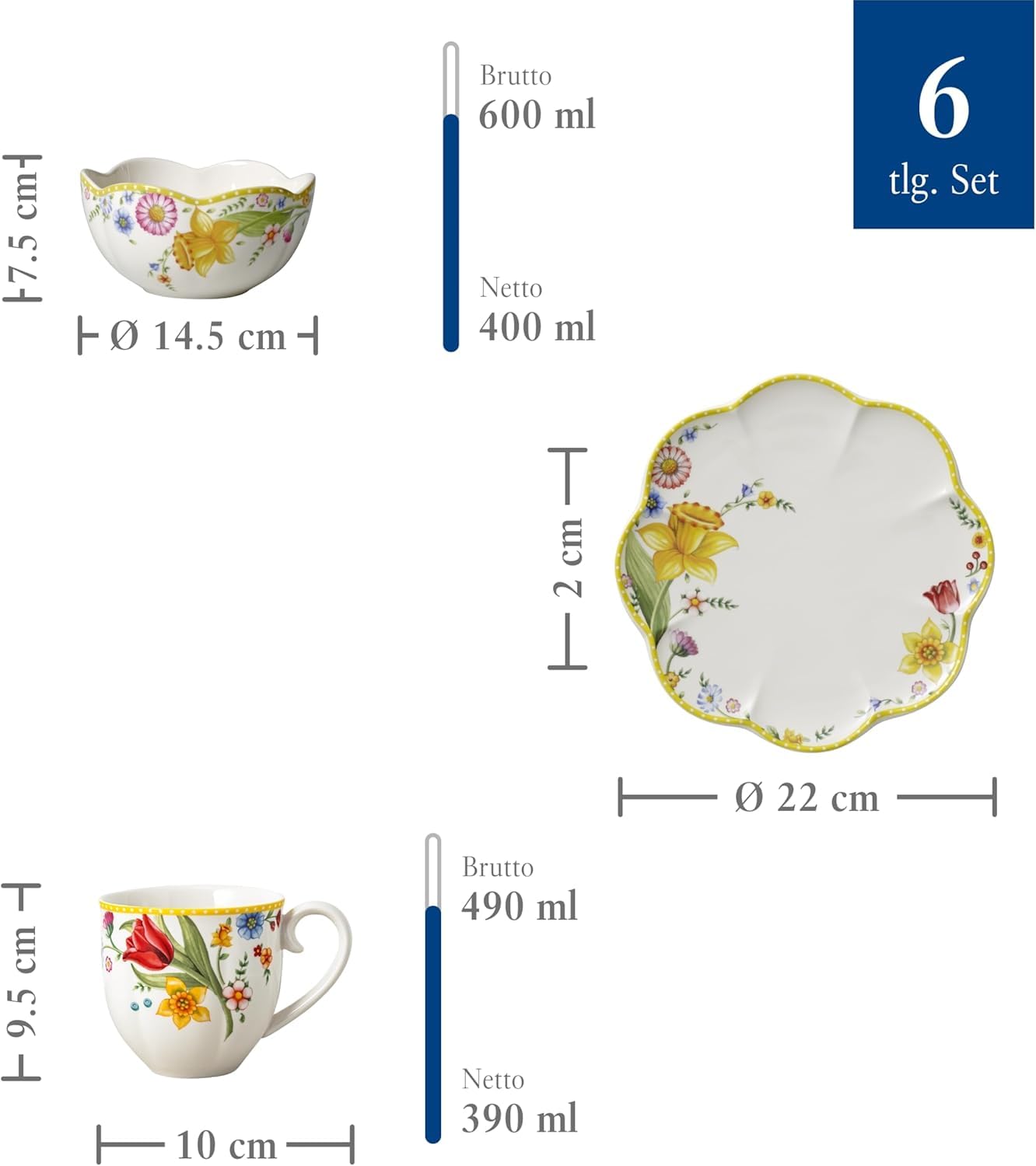 Villeroy & Boch - Spring Awakening Frühstücksset für 2 Personen 6 teilig, Ostergeschirr Set Frühstück, Ostern, Kaffeeservice, Geschirr Frühling, Porzellan