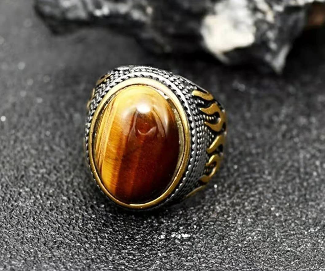 Tigerauge Herrenring, handgefertigt, Vintage-Stil, Edelstahl, geschnitztes Flammenmuster, ovales Edelstein-Emblem, Naturstein-Ring, personalisierter Motorrad-Schmuck