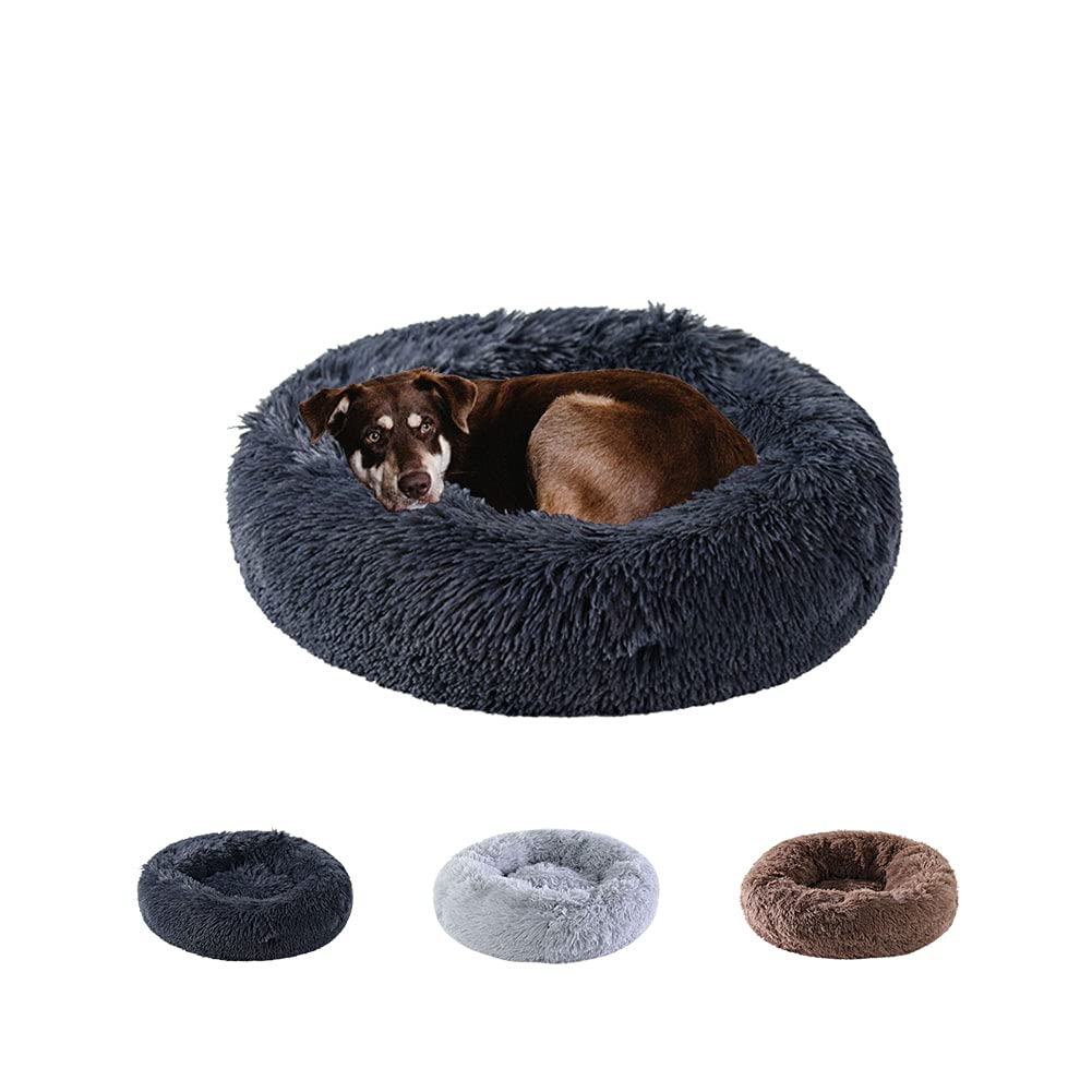 Kimpets Dog Bed Calming Dog Beds for Small Medium Large Dogs - Round Donut Washable Dog Bed, Anti-Slip Faux Fur Fluffy Donut Cuddler Anxiety Cat Bed(27")