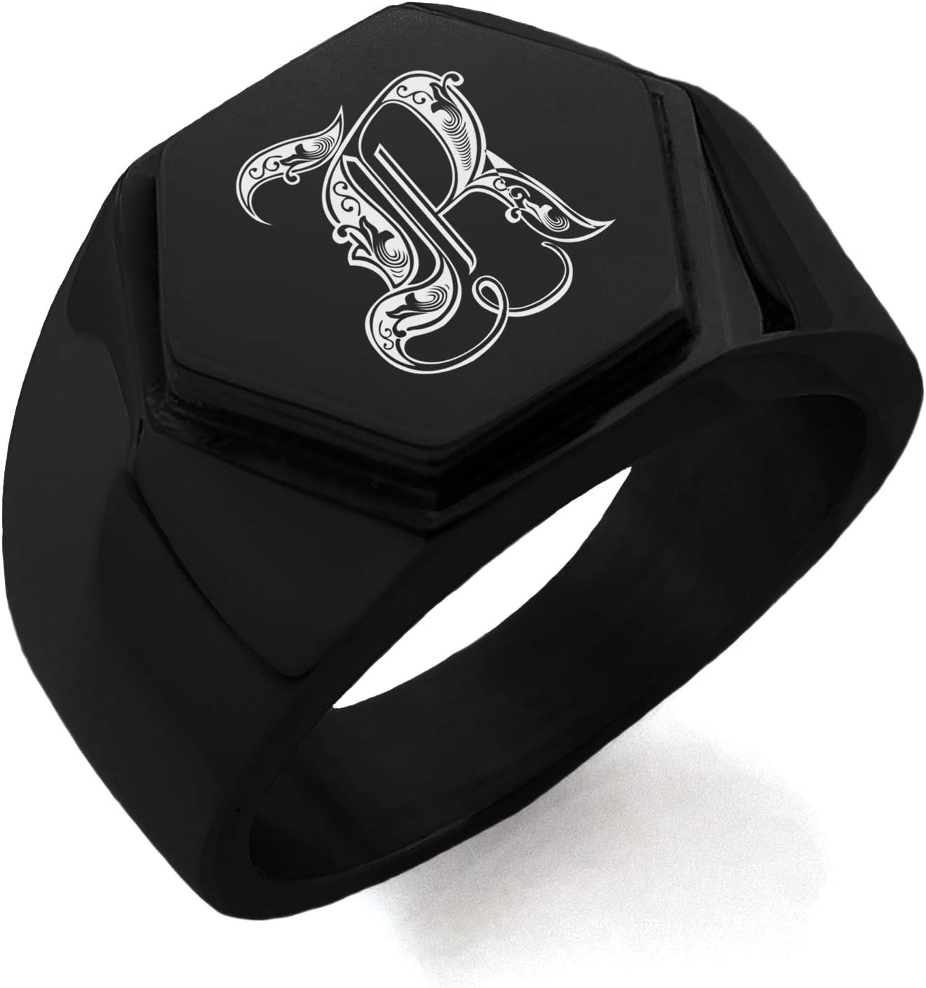 ステンレススチール文字Rアルファベットイニシャルロイヤルモノグラム六角紋フラットトップバイカースタイルポリッシュリング, 金属、ステ