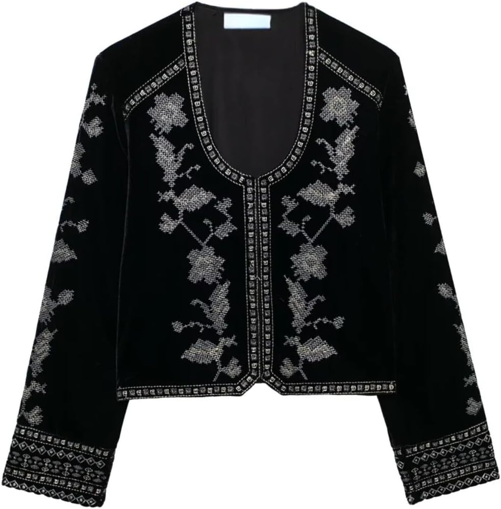 Women's Casual Style Design Elegant Embroidered Velvet Coat